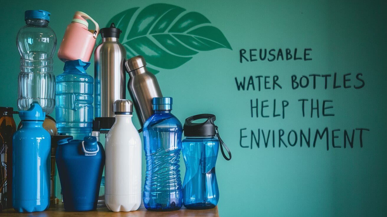 Collection of reusable water bottles promoting eco-friendly practices with a message 'Reusable Water Bottles Help the Environment' written on a green wall.