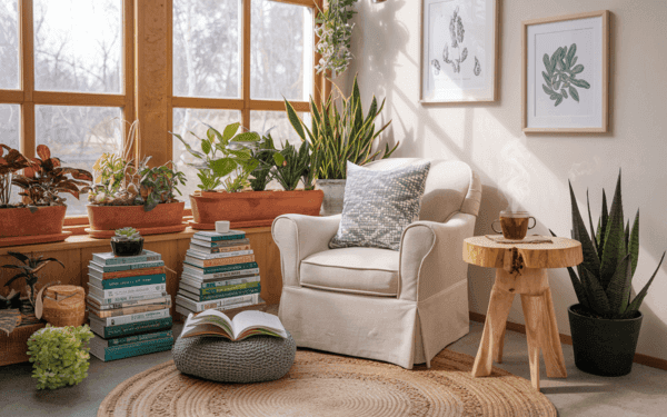 Cozy reading nook with houseplants, books, and an armchair, showcasing Sustainable Living Books in a relaxing environment.