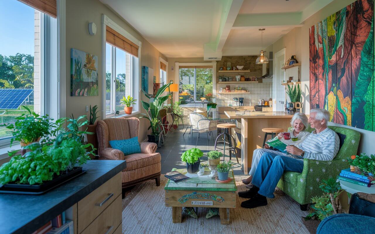 Elderly couple enjoying a cozy, plant-filled sustainable home with solar panels visible outside the window – Sustainable Living for Seniors.