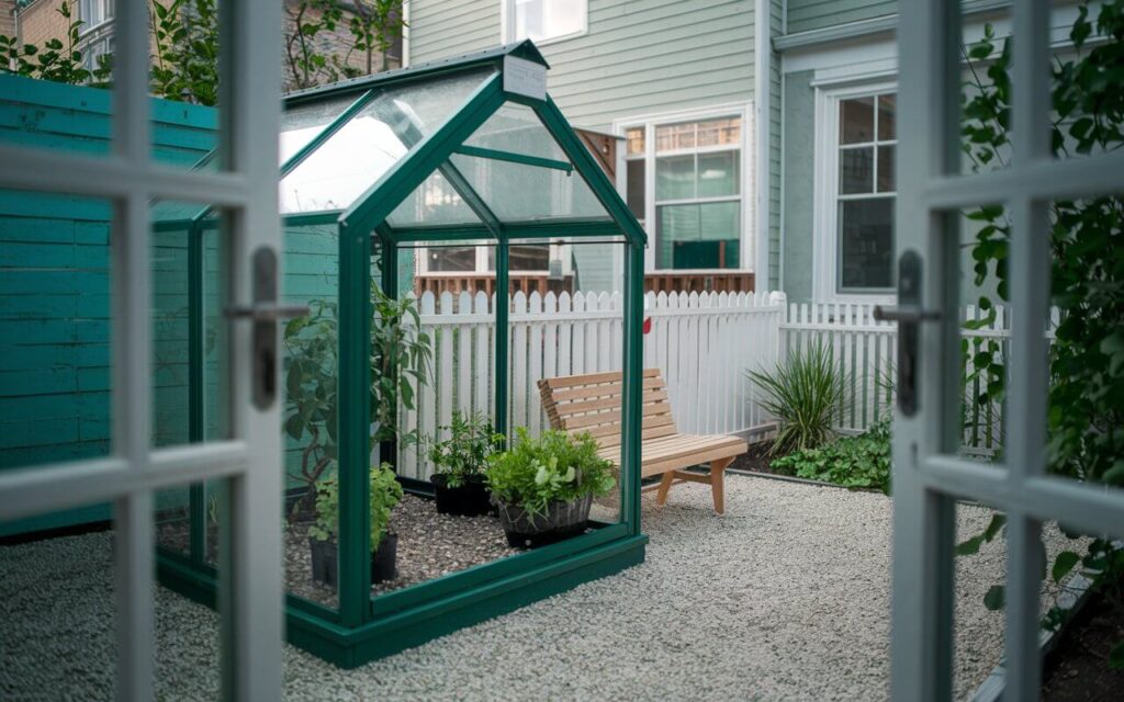 A cozy backyard with a small greenhouse, potted plants, and a wooden bench, showcasing sustainable living for renters in an urban setting.